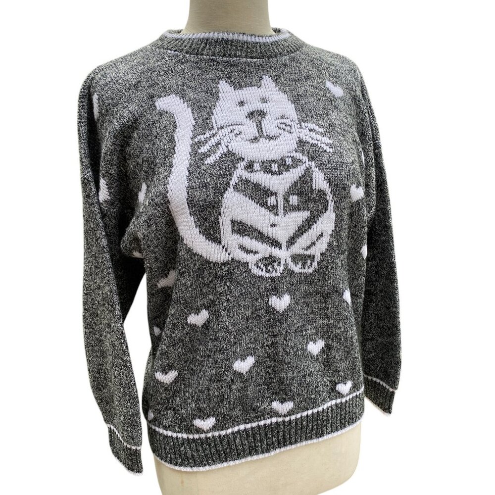 Vintage Nan Dorsey Cat Sweater Cat Lady Animal Print Heart Kitty Wacky Kawaii-M
